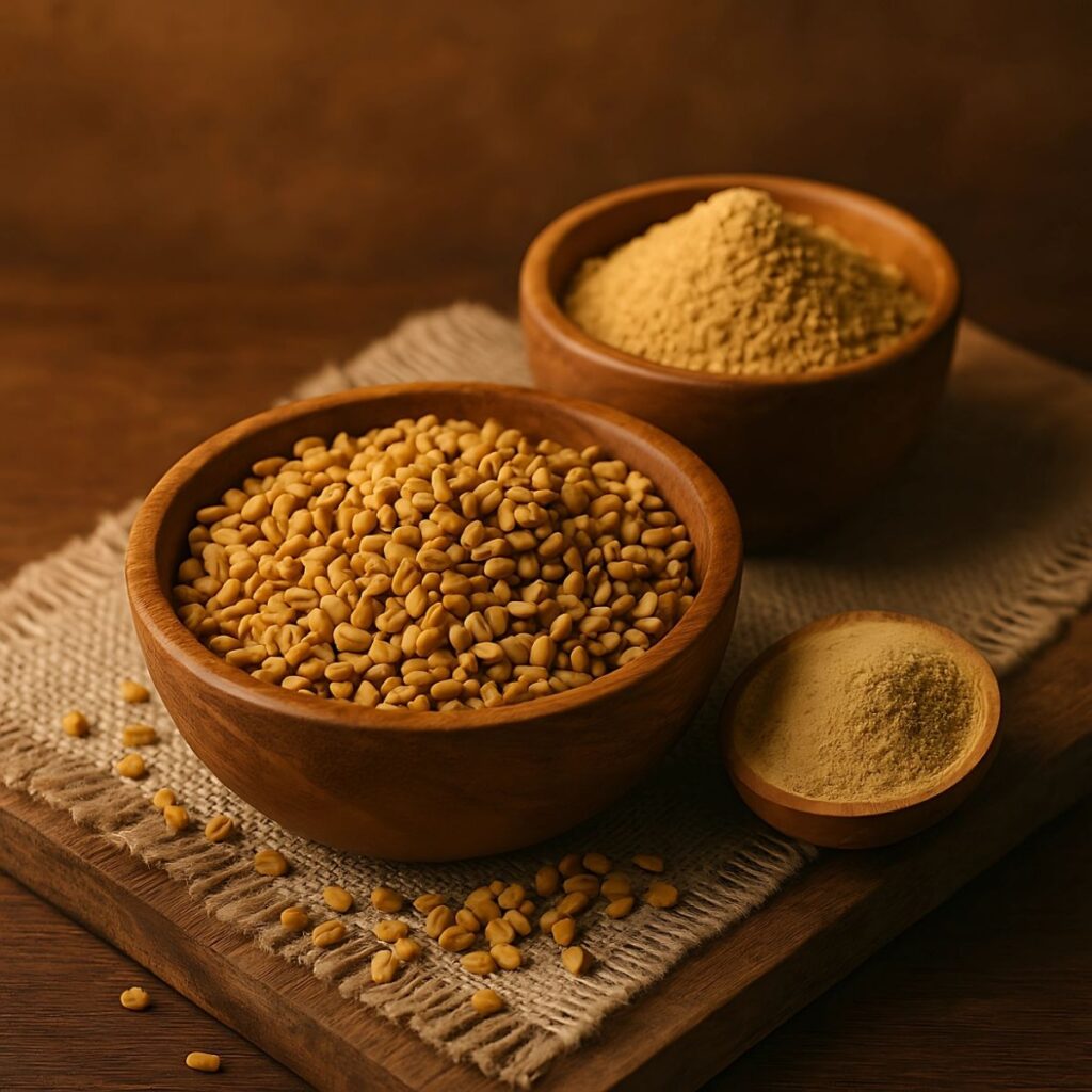 Fenugreek seeds and powder used in Ayurvedic remedies for hormone balance and breast health.