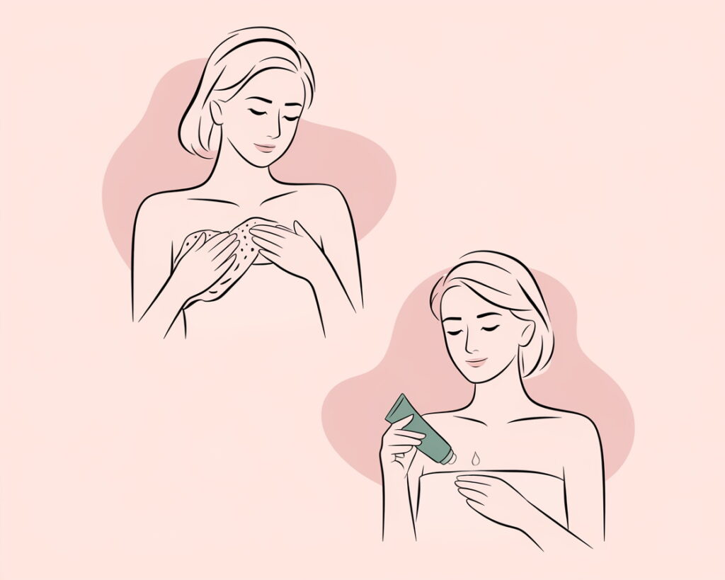 Step-by-step image showing cleansing and applying breast cream